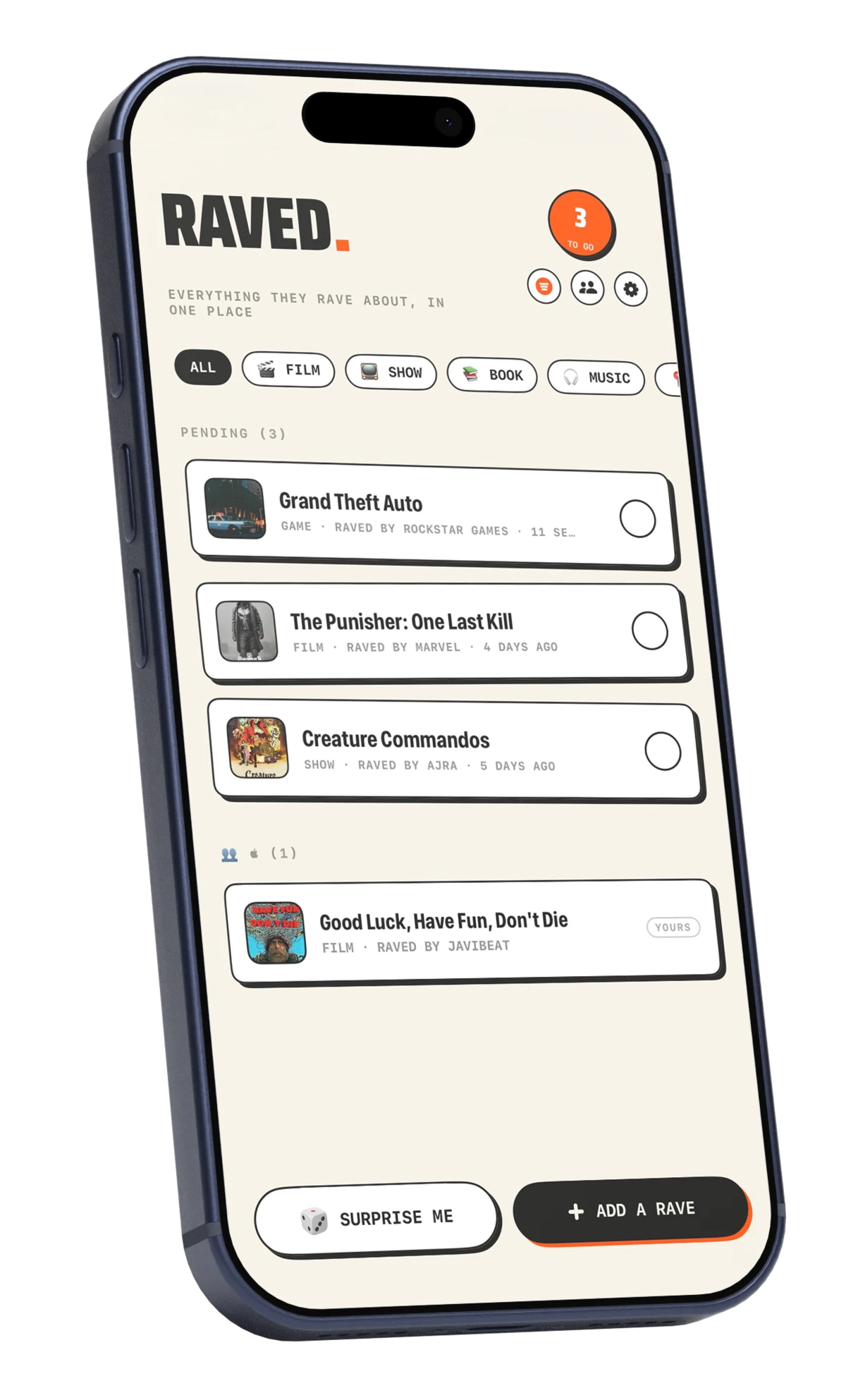 Raved app on iPhone: a list of raves with who recommended each one